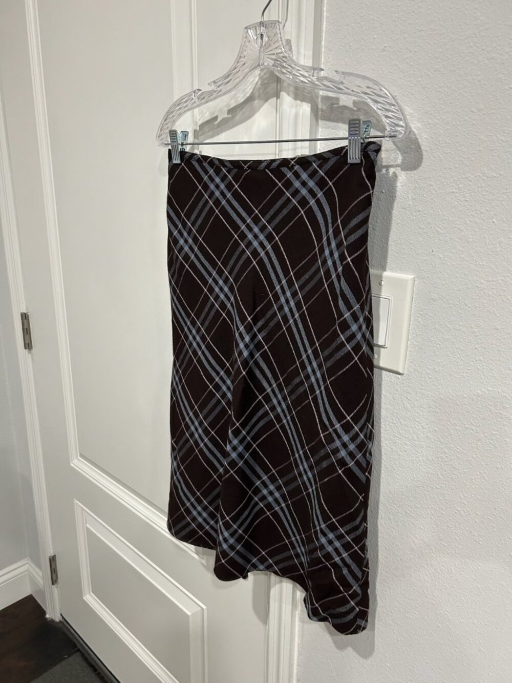 Plaid A-Line Skirt Professional Brown Blue Sz Small Knee Length Preppy Academia - Picture 3 of 9